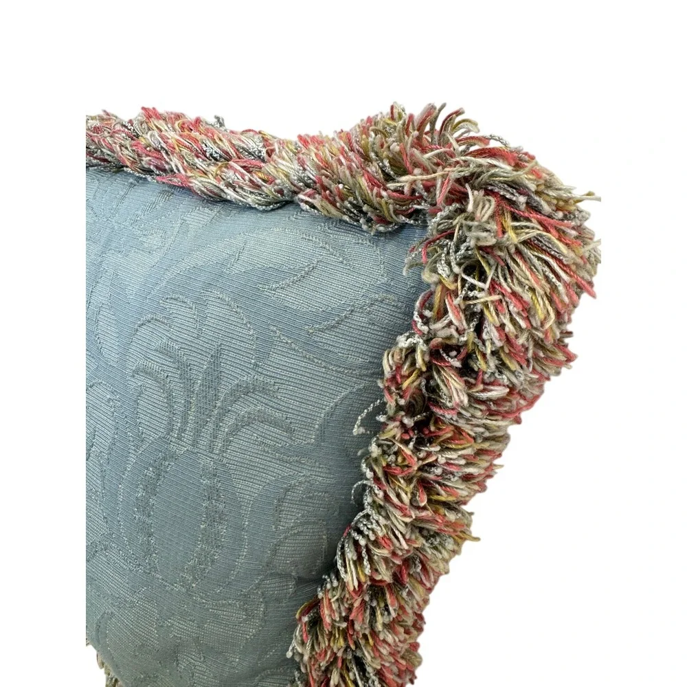 Blue Damask Lumbar Throw Pillows Down Filled Set of 2 w/Multi Color Brush Fringe